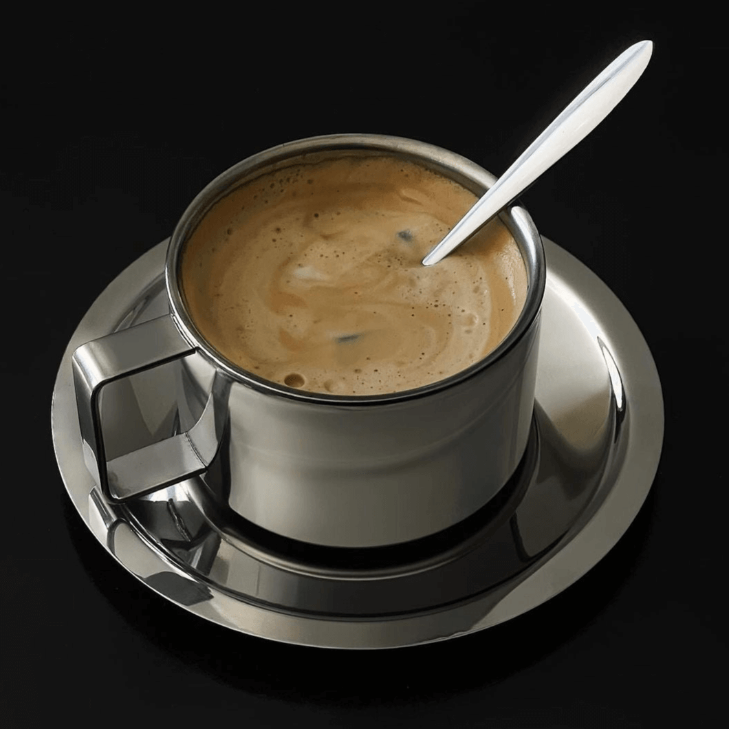 Italian Style Steel Latte Coffee Cup With Saucer & Spoon