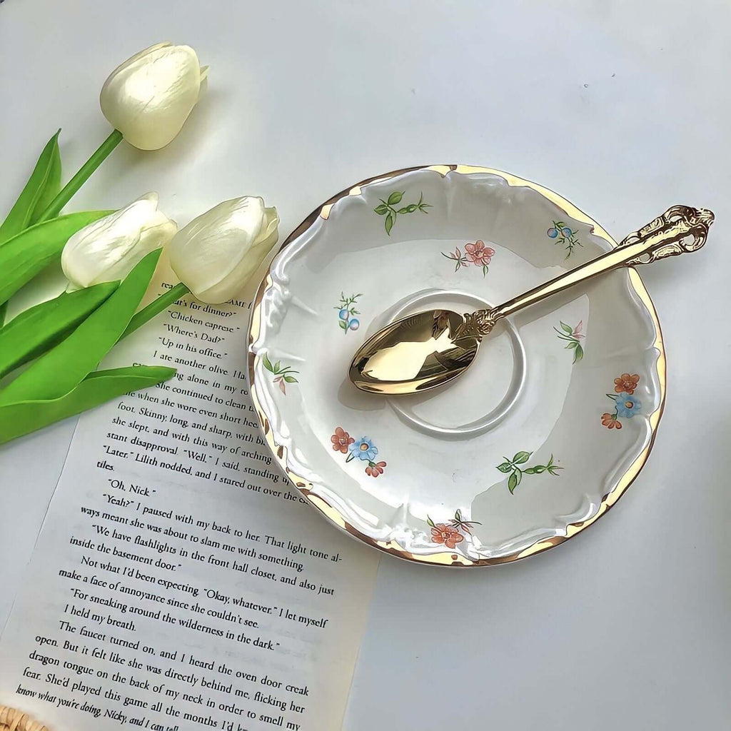Chic de Fleurs: Retro French Blossom Cup & Saucer & Spoon Set