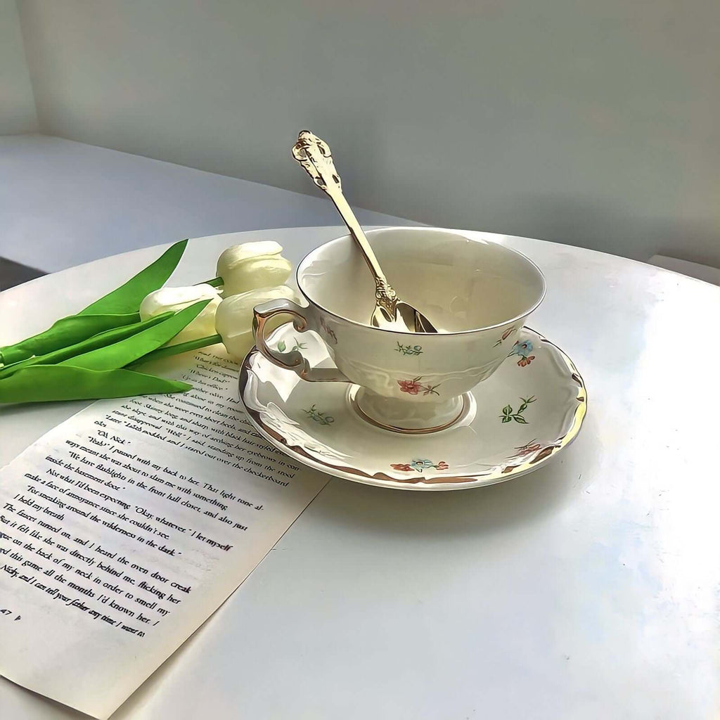 Chic de Fleurs: Retro French Blossom Cup & Saucer & Spoon Set