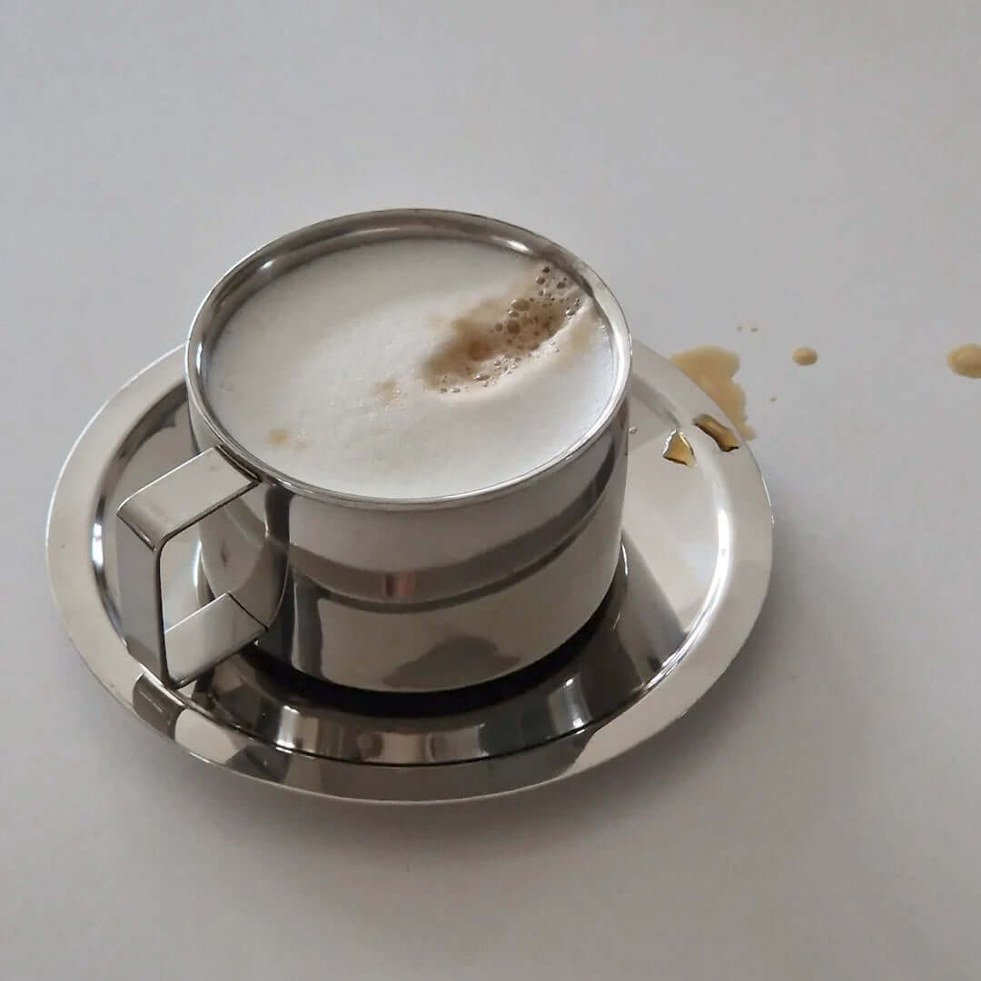 Italian Style Steel Latte Coffee Cup With Saucer & Spoon
